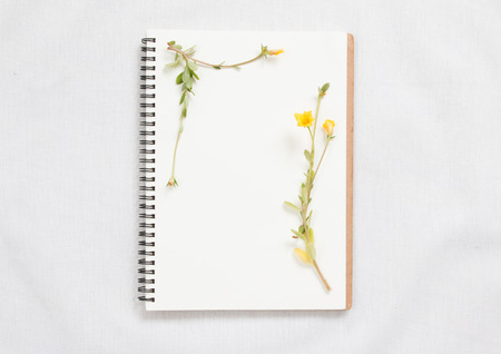 Top view of little plant with flowers on blank notebook on white fabric workspace background.
