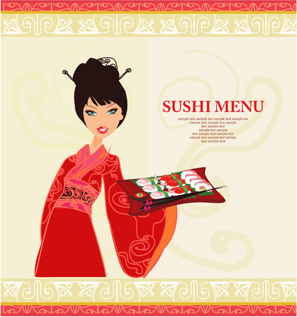 sweet Asian girl enjoy sushi のイラスト素材