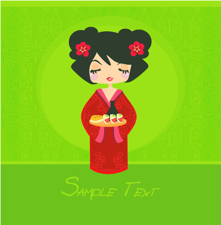 sweet Asian girl enjoy sushi のイラスト素材