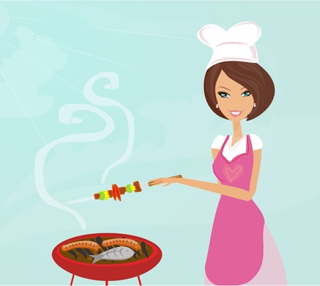 Woman cooking on a grill    のイラスト素材