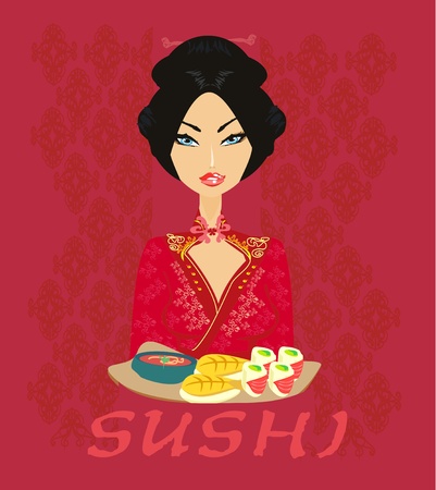 beautiful Asian girl enjoy sushi - menu templateのイラスト素材