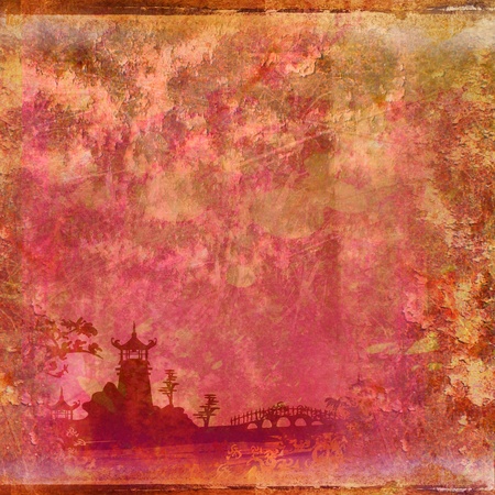old paper with Asian Landscape - raster の写真素材