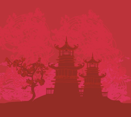 old paper with Asian Landscape  のイラスト素材