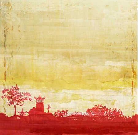 old paper with Asian Landscape        の写真素材