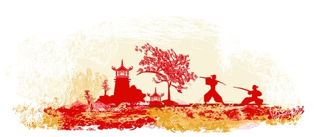 Samurai silhouette in Asian Landscape     のイラスト素材