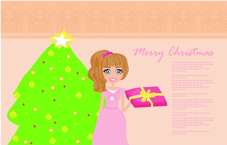 cute girl with gift box near by Christmas Treeのイラスト素材