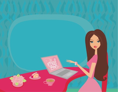 Online shopping - young smiling woman sitting with laptop computerのイラスト素材