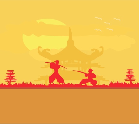 Samurai silhouette in Asian Landscapeのイラスト素材