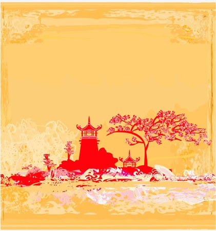 old paper with Asian Landscape のイラスト素材