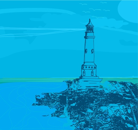 lighthouse seen from a tiny beach - Grunge Poster のイラスト素材