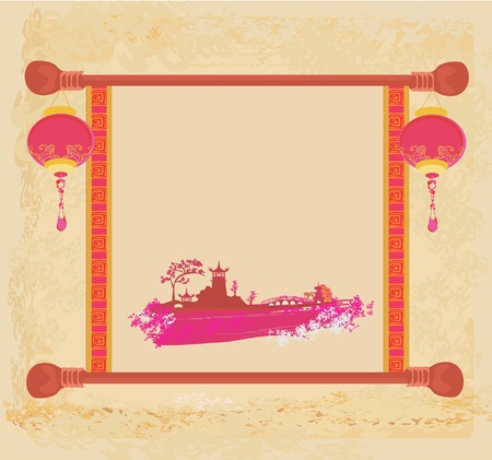 old paper with Asian Landscape and Chinese Lanterns - vintage japanese style backgroundのイラスト素材