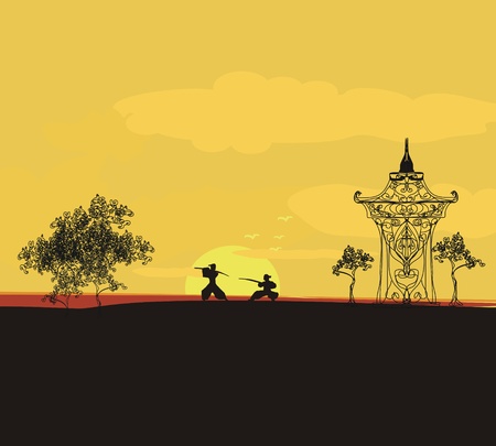 old paper with Samurai silhouetteのイラスト素材
