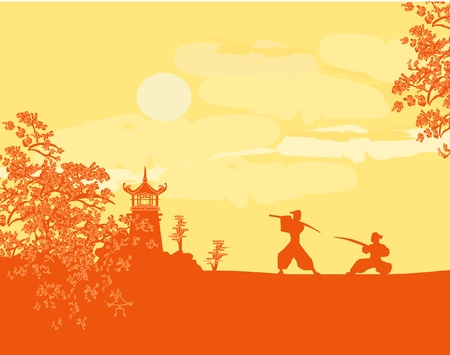 old paper with Samurai silhouette のイラスト素材