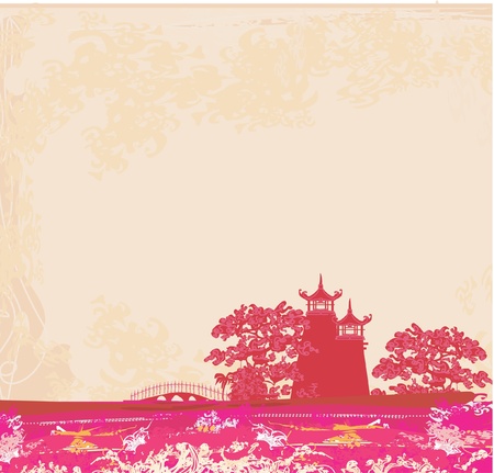 old paper with Asian Landscapeのイラスト素材