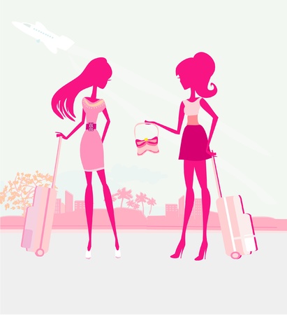 beauty travel girls with baggage のイラスト素材