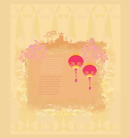 old paper with Asian Landscape and Chinese Lanterns - vintage japanese style backgroundのイラスト素材