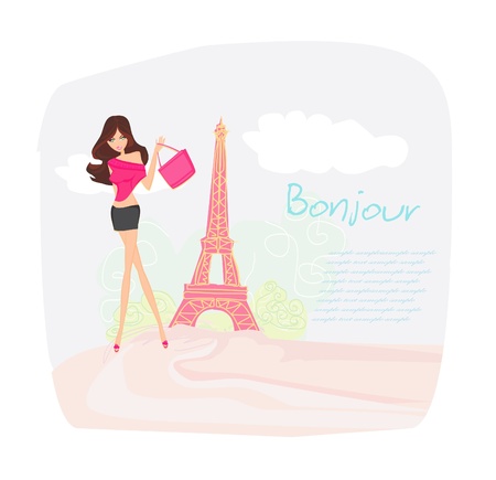 beautiful women Shopping in Paris - vector cardのイラスト素材