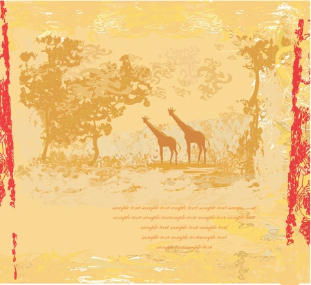 grunge background with African fauna and floraのイラスト素材