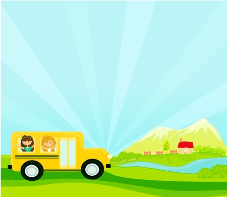 a school bus heading to school with happy children のイラスト素材