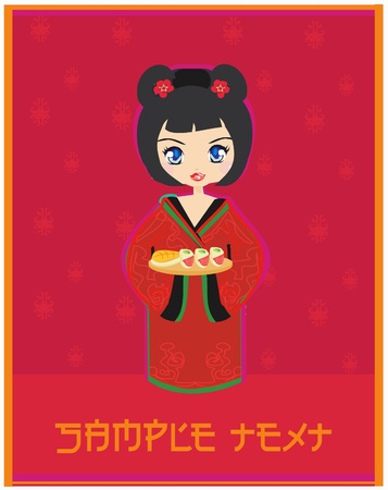 beautiful Asian girl enjoy sushi - menu templateのイラスト素材