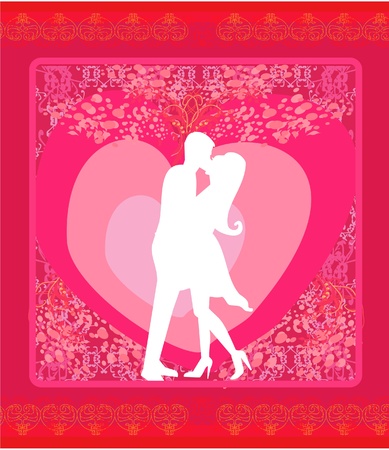 Floral greeting card with silhouette of romantic coupleのイラスト素材
