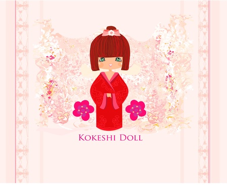 Kokeshi doll on the pink background with floral ornament のイラスト素材