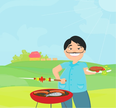 man cooking on his barbecue. のイラスト素材