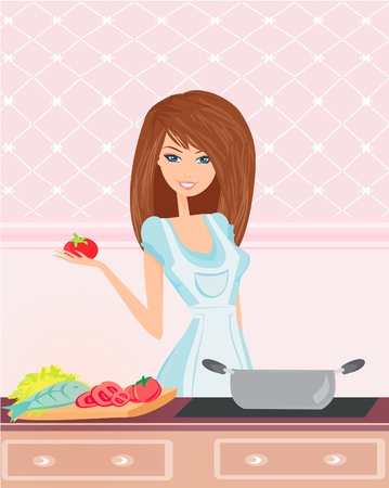 Beautiful lady cookingのイラスト素材