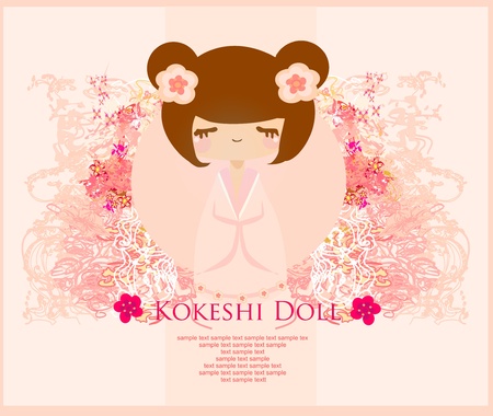 Kokeshi doll on the pink background with floral ornament のイラスト素材