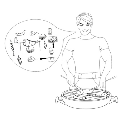 Cartoon Male dressed in grilling attire cooking meat.Barbecue icon のイラスト素材