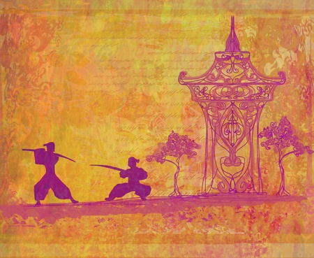 Samurai silhouette in Asian Landscape の写真素材