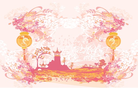 old paper with Asian Landscape and Chinese Lanterns - vintage japanese style background のイラスト素材