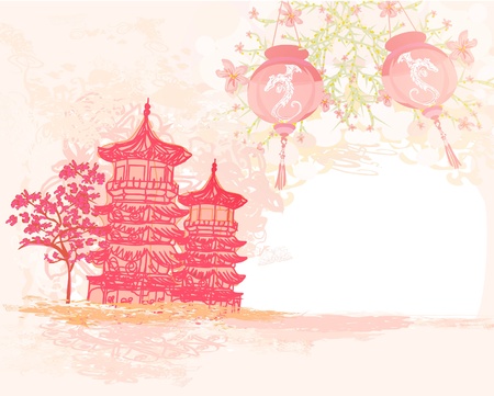 old paper with Asian Landscape and Chinese Lanterns - vintage japanese style background のイラスト素材