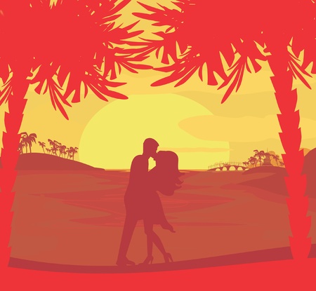 silhouette couple kissing on tropical beach のイラスト素材