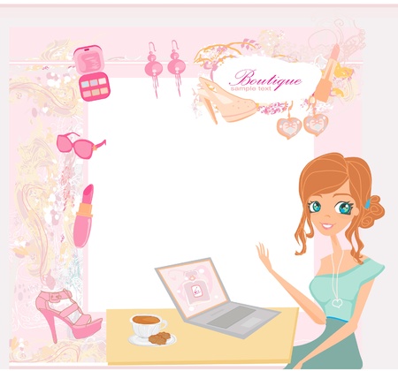 Online shopping - young smiling woman sitting with laptop computer のイラスト素材