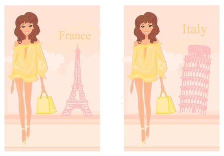 beautiful women Shopping in France and Italyのイラスト素材