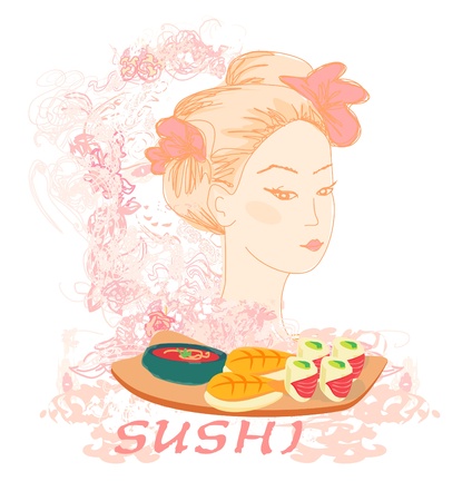 beautiful Asian girl and sushi - posterのイラスト素材