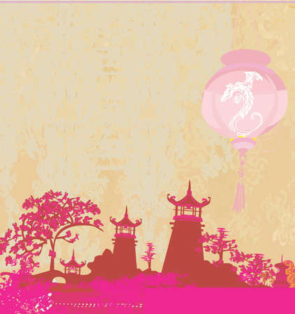 old paper with Asian Landscape and Chinese Lanterns - vintage japanese style background のイラスト素材