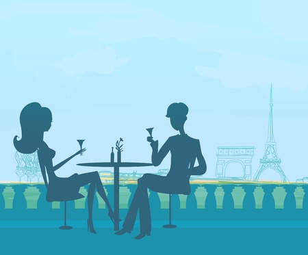 Young couple flirt and drink champagne in Paris のイラスト素材