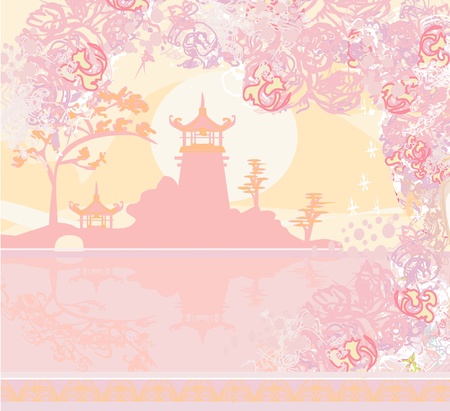 old paper with Asian Landscape のイラスト素材