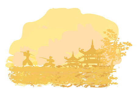 old paper with Samurai silhouette のイラスト素材