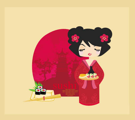 beautiful Asian girl enjoy sushi - menu template のイラスト素材