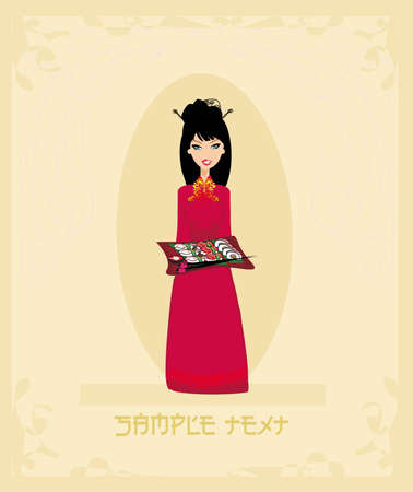 beautiful Asian girl enjoy sushi - menu template のイラスト素材