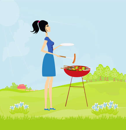 Woman cooking on a grill のイラスト素材