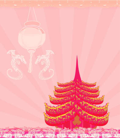 old paper with Asian Landscape and Chinese Lanterns - vintage japanese style background のイラスト素材