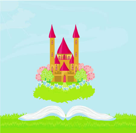 Magic world of tales, fairy castle appearing from the bookのイラスト素材