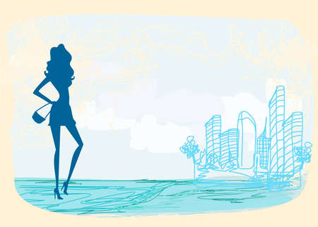 fashion silhouettes girl Shopping in the city のイラスト素材