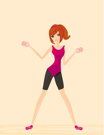 fit brunette woman exercising with two dumbbell weights on her hands のイラスト素材