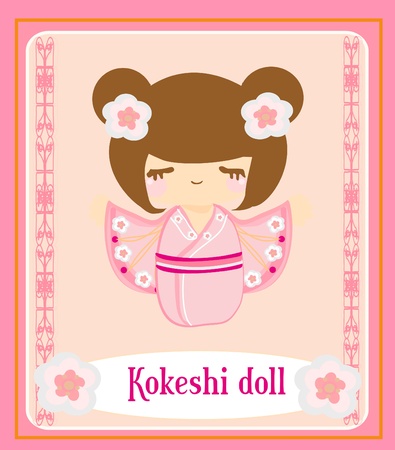 Kokeshi doll on the pink background with floral ornament のイラスト素材