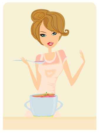 Beautiful lady cooking soup のイラスト素材